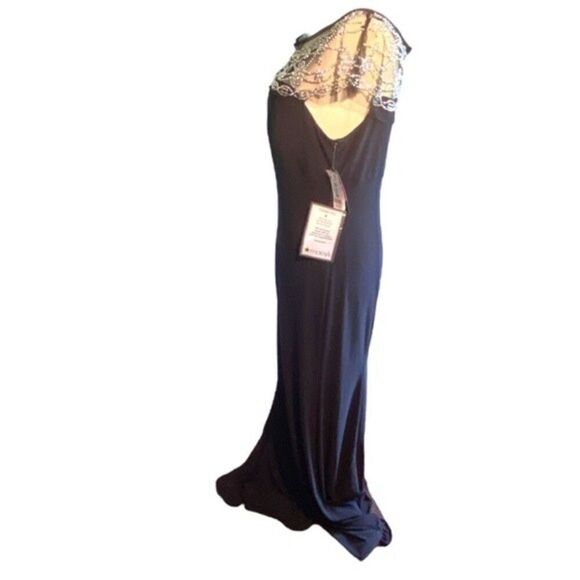 R & M Richards Black Evening Gown With Mesh Rhinestone Top Size 12 NWT - Picture 4 of 14